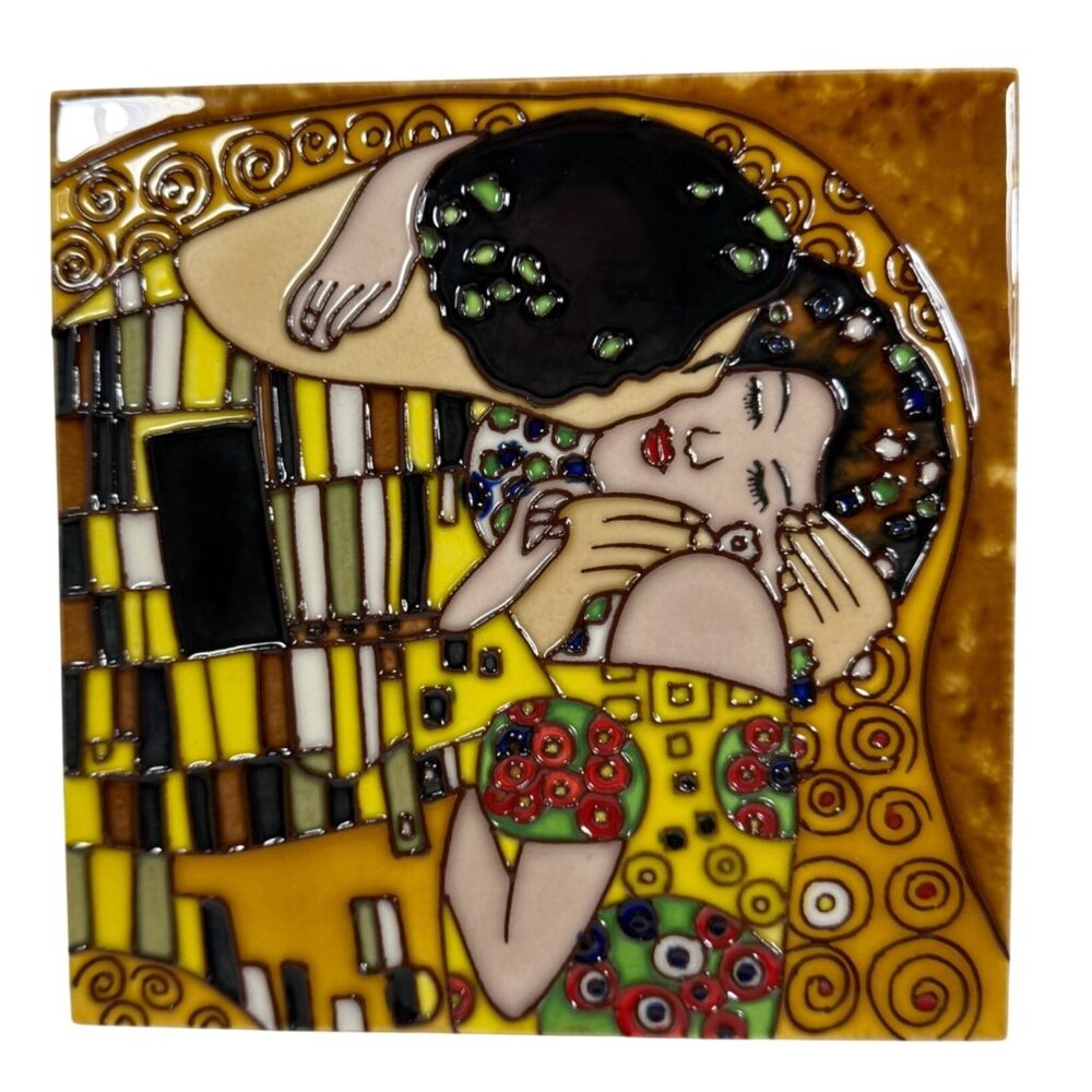 Handmade Ceramic Tile Featuring Gustav Klimts "The Kiss" Design Decorative Art